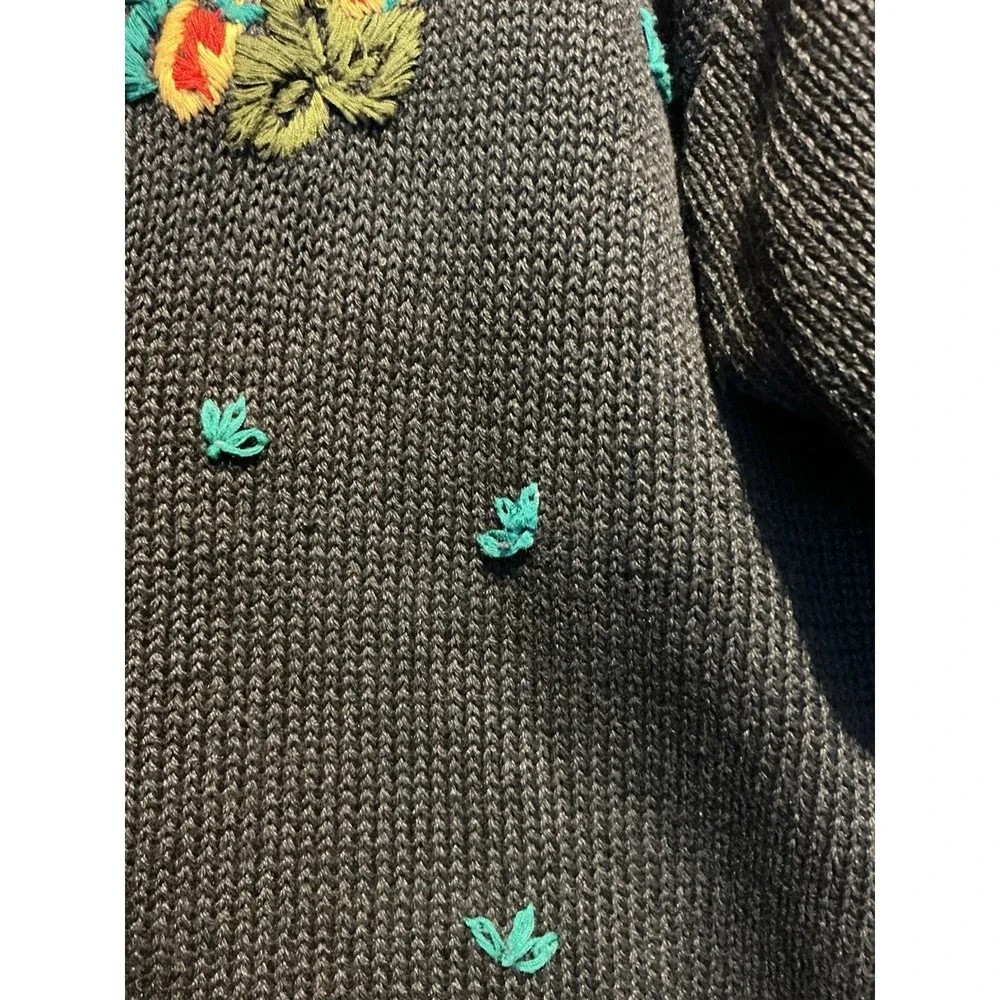 Herman Geist Vintage Cardigan Sweater Hand Embroidered Black Floral Women's Sz L